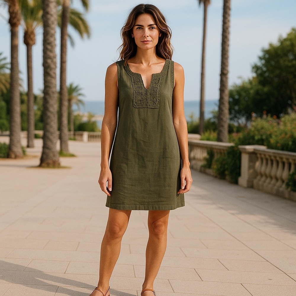 4/$40 Max Studio Linen‎ Blend Sleeveless Crochet  V-Neck Green Midi Shift Dress